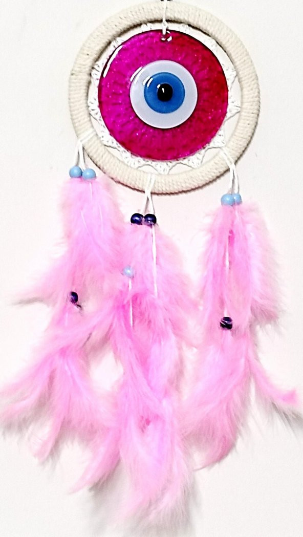 Pembe Tüylü Dream Catcher Fuşya Cam Nazar boncuklu Düş Kapanı Duvar Süsü ürün görseli