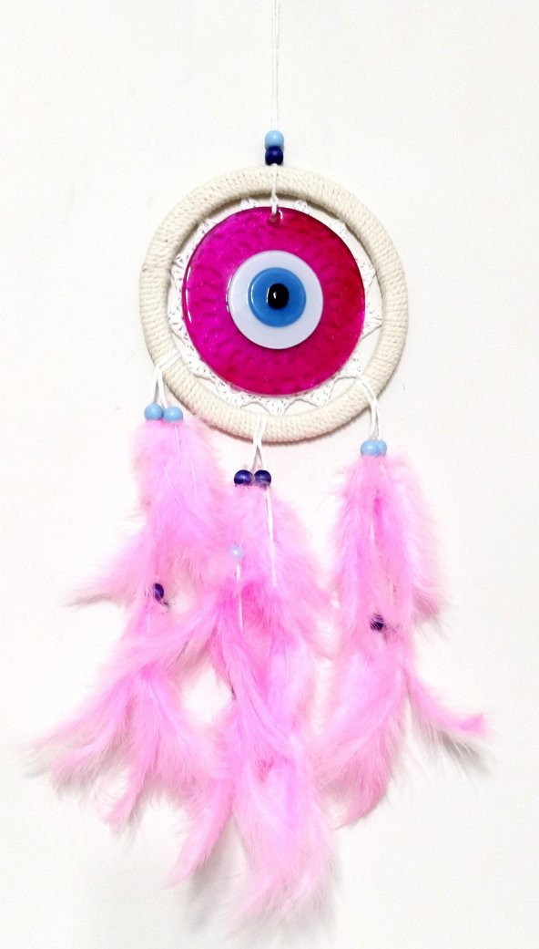 Pembe Tüylü Dream Catcher Fuşya Cam Nazar boncuklu Düş Kapanı Duvar Süsü - Resim 2