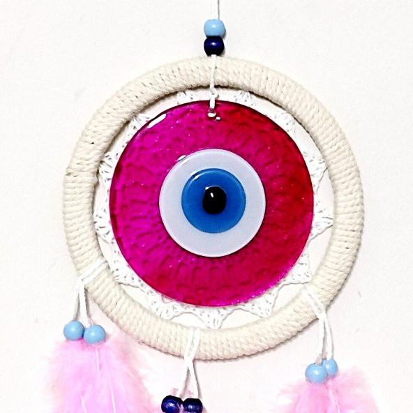 Pembe Tüylü Dream Catcher Fuşya Cam Nazar boncuklu Düş Kapanı Duvar Süsü - Resim 3