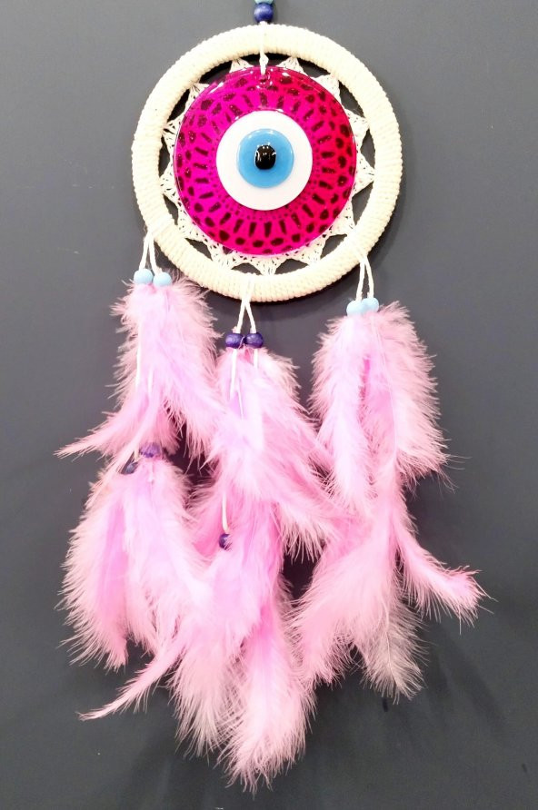 Pembe Tüylü Dream Catcher Fuşya Cam Nazar boncuklu Düş Kapanı Duvar Süsü - Resim 5