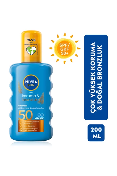 NIVEA Sun Spf50 Koruma & Bronzluk Güneş Spreyi 200ml,çok Yüksek Güneş Koruması & Doğal Bronzlaştırıcı 4005900253750