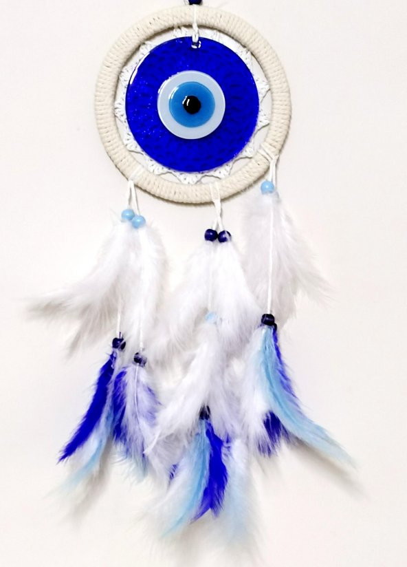 Kuş Tüylü Dream Catcher Mavi Nazar Boncuklu Düş Kapanı Duvar Süsü ürün görseli