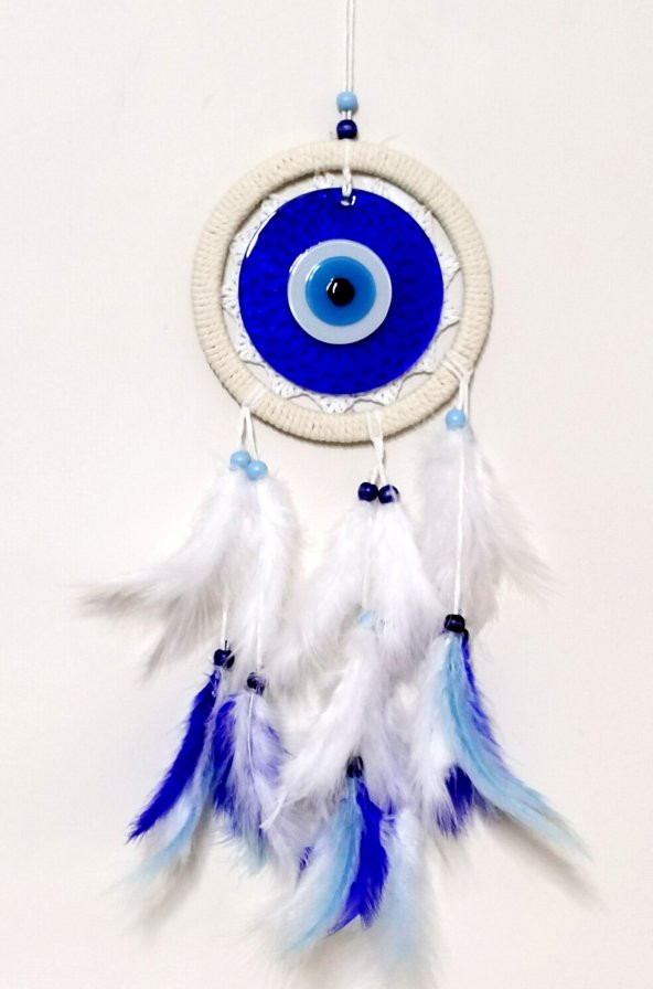 Kuş Tüylü Dream Catcher Mavi Nazar Boncuklu Düş Kapanı Duvar Süsü - Resim 2