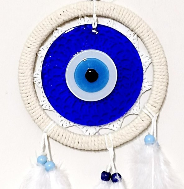 Kuş Tüylü Dream Catcher Mavi Nazar Boncuklu Düş Kapanı Duvar Süsü - Resim 3
