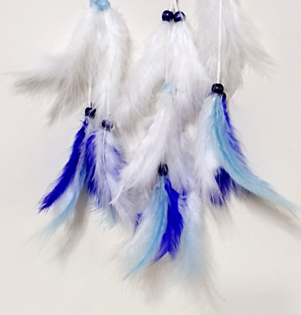 Kuş Tüylü Dream Catcher Mavi Nazar Boncuklu Düş Kapanı Duvar Süsü - Resim 4