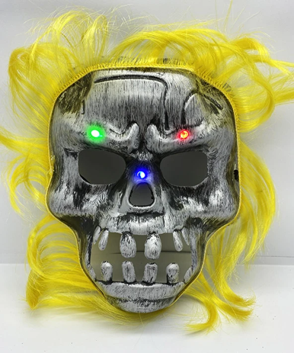 nefertiya Sarı Saçlı Led Işıklı Kuru Kafa İskelet Korku Maskesi 22x25 cm