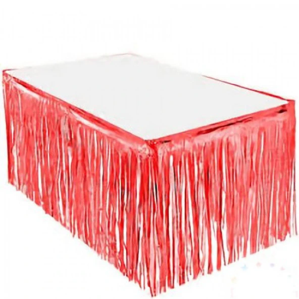 nefertiya Püsküllü Işıltılı Metalize Kırmızı Renk Masa Eteği 70x300 cm