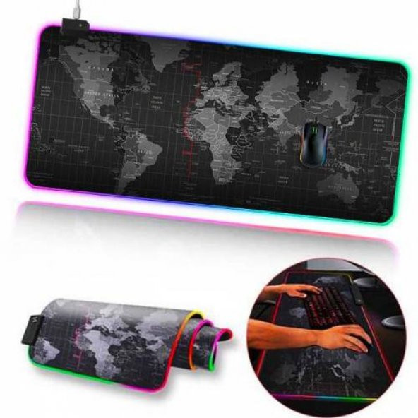 Polham RGB Işıklı Mouse Pad, 14 Işık Modlu Kaymaz Tabanlı Kauçuk Kumaş Mouse Pad, 300*800