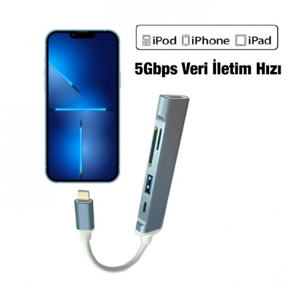 Polham İpad, İphone Lightning Girişli 5in1 Çoğaltıcı Hub, 2x USB,  1x Type C, 1x SD, 1x TF Okuyucu - 2