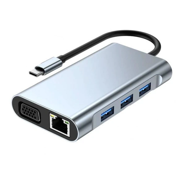 Polham 87W 7in1 PD Type C Çevirici Adaptör, 1x 4K HDMİ, 1x VGA, 1x RJ45, 1x PD Type C, 3x USB HUB