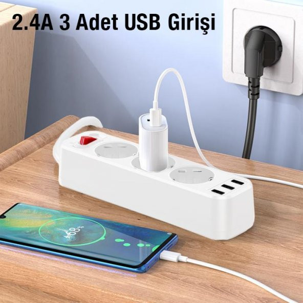 Polham 1.8 Metre 4000W Akım Korumalı 3 Priz, 3 USB Girişli Priz, 3lü Uzatma Kablosu Priz,Ultra Hızlı - 2