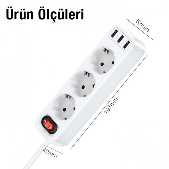 Polham 1.8 Metre 4000W Akım Korumalı 3 Priz, 3 USB Girişli Priz, 3lü Uzatma Kablosu Priz,Ultra Hızlı - 4