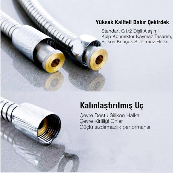 Polham 1.5Metre Hortumlu Sprey Tabancalı Lavabo ve Tuvalet Musluğu, Çelik, Su Sızdırmaz, 4 Parça Set - 2