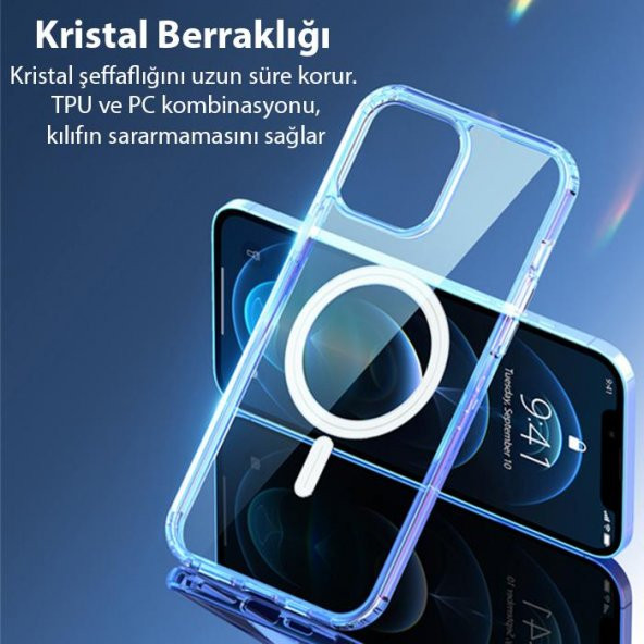 Polham iPhone 13 Pro Max 6.7 Magsafe Manyetik Şeffaf Silikon Kılıf, Darbe Emici, Sararmaz, TPU+PC - 5