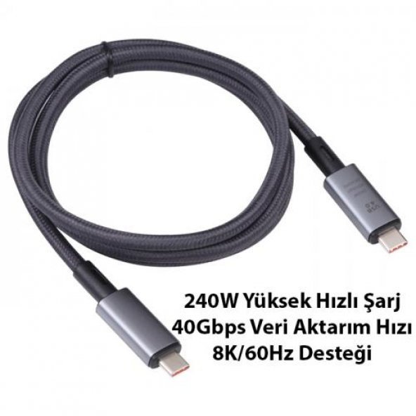 Polham 1MT USB 4.0 240W Thunderbolt Type-C to Type-C Şarj, Data ve 8K 60Hz Görüntü Aktarım Kablosu - 2