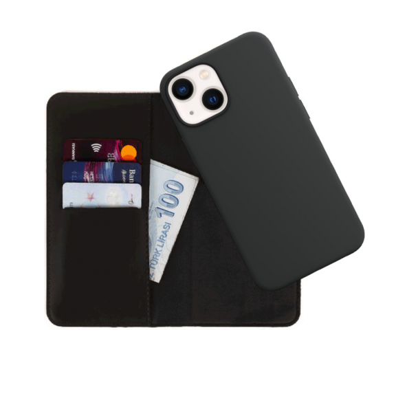 BİKAPAK LUXURY IPHONE 13 SİYAH CÜZDAN KILIF - Resim 3