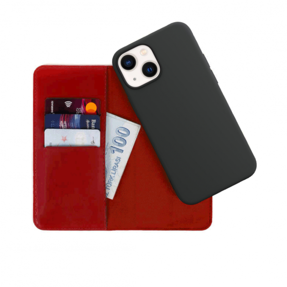 BİKAPAK LUXURY IPHONE 13 PRO MAX KIRMIZI CÜZDAN KILIF - Resim 3