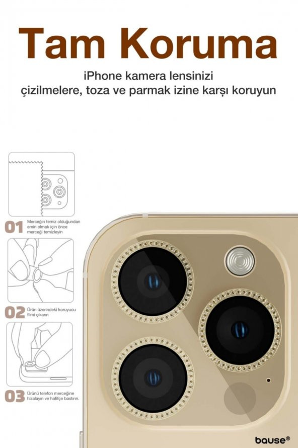 Binano Iphone 13 Pro/13 Pro Max Taşlı Gold Kamera Koruyucu - Resim 2