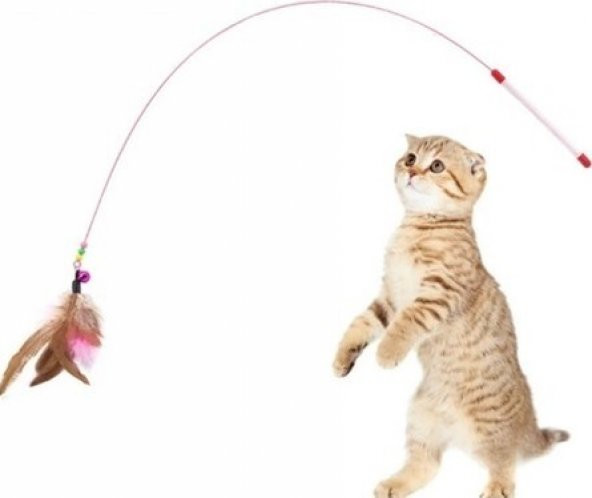 Kedi Oyun Oltası 90 cm Renkli Tüylü Kedi Oyuncağı Çelik Telli Kedi Oyun Tüyleri