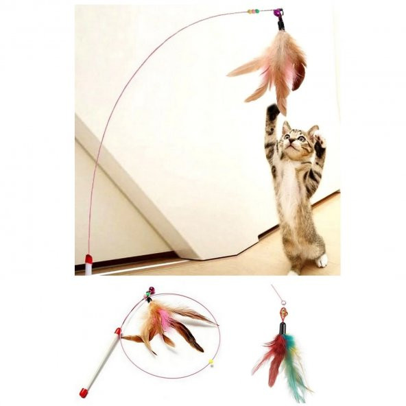 Kedi Oyun Oltası 90 cm Renkli Tüylü Kedi Oyuncağı Çelik Telli Kedi Oyun Tüyleri - 4