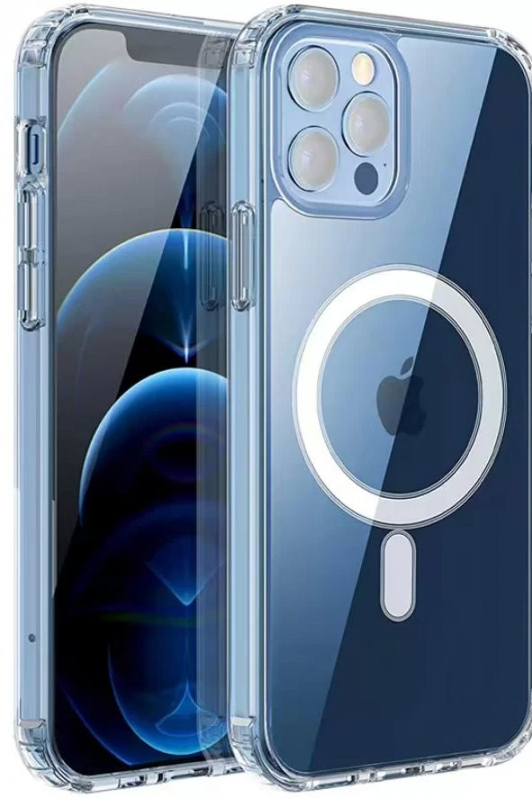 Apple iPhone 13 Pro Kılıf Magsafe Şarj Özellikli Şeffaf Sert PC Lopard Embos Kapak