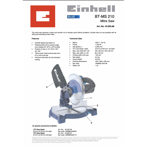 Einhell BT-MS 210 Blue Gönye Kesme 1200 Watt 210 MM - 6