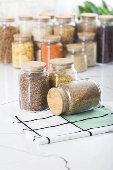 9 Lu Set Bambu Kapaklı Cam Kavanoz & Erzak Saklama Kabı 3 X (1.3 LT 0.80 LT 0.50  LT ( Vakum Kapak ) - 3