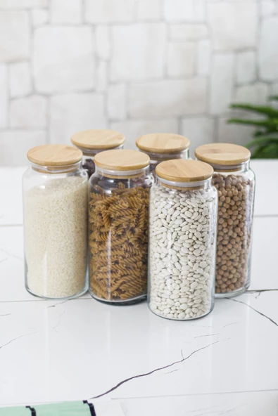 18 Li Set Bambu Kapaklı Cam Kavanoz & Erzak Saklama Kabı 6 X (1.3 LT 0.80 LT 0.50  LT ( Vakum Kapak ) - 2