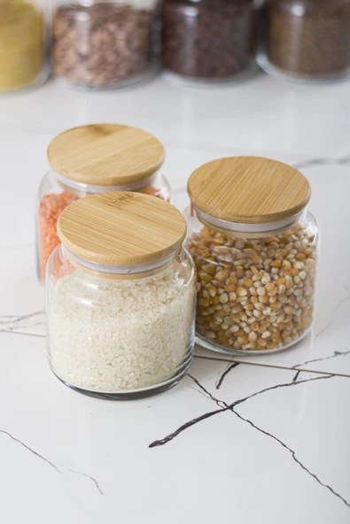 9 Lu Set Bambu Kapaklı Cam Kavanoz & Erzak Saklama Kabı 3 X (1.3 LT 0.80 LT 0.50  LT ( Vakum Kapak ) - 4