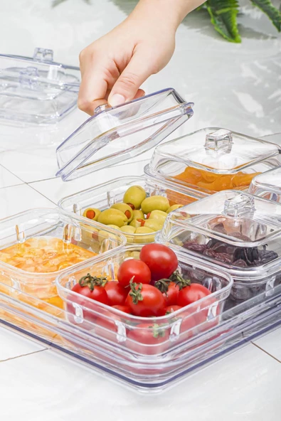 Akrilik Şeffaf 6 lı Kapaklı Kahvaltılık Kahvaltı Seti & Saklama Kabı (Cam Değildir) - 4