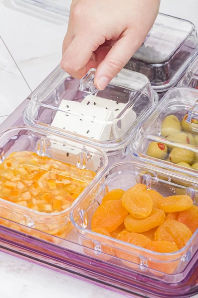 Akrilik Mürdüm 6 lı Kapaklı Kahvaltılık Kahvaltı Seti & Saklama Kabı (Cam Değildir) - 3