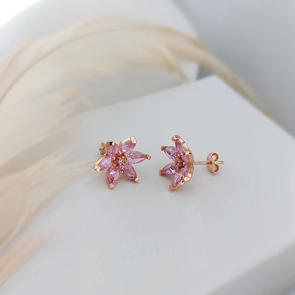Vaoov 925 Ayar Gümüş Pembe Taşlı Lotus Çiçeği Küpe - Resim 4