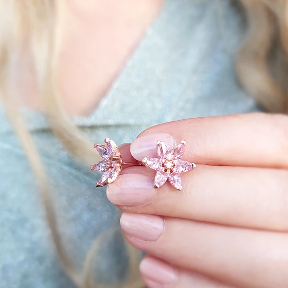 Vaoov 925 Ayar Gümüş Pembe Taşlı Lotus Çiçeği Küpe - Resim 2