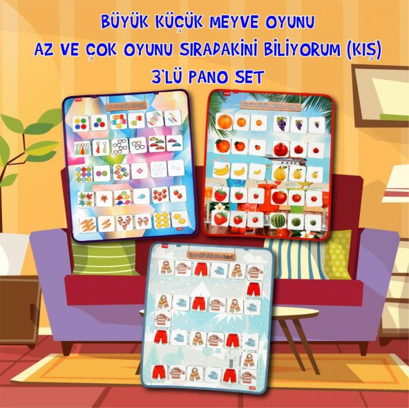 3 Set - 87 Parça  Az - Çok , Büyük - Küçük Meyve ve Sıradakini Biliyorum Oyunu Keçe Cırtlı Duvar Panoları , Eğitici Oyuncak - 2