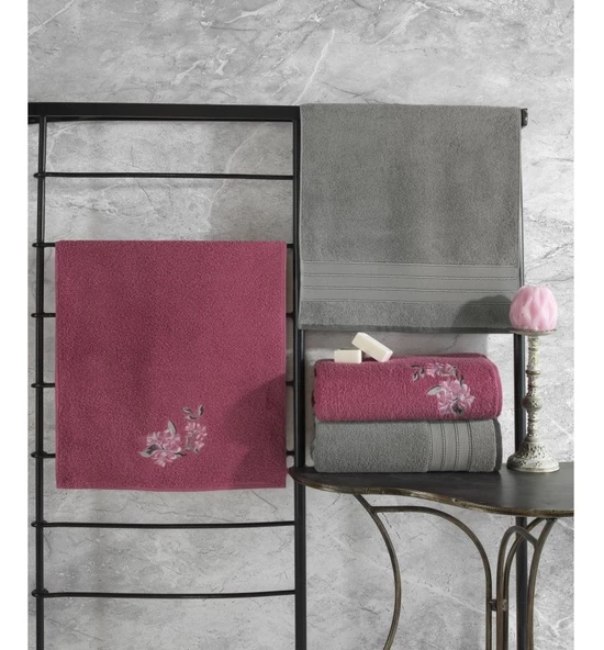 Cotton Box Colorful 4 Parça Hamam Havlu Seti-Gri K.Pembe