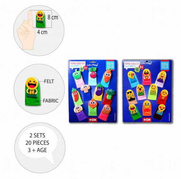 2 Set - 20 Parça Tox Emojiler ve Sebzeler Parmak Kukla T106 T104 - 8