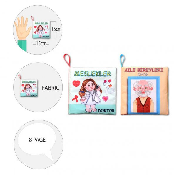 2 Kitap Tox Aile Bireyleri ve Meslekler Kumaş Sessiz Kitap T109 T112 - Bez Kitap , Eğitici Oyuncak , Yumuşak ve Hışırtılı - Resim 9