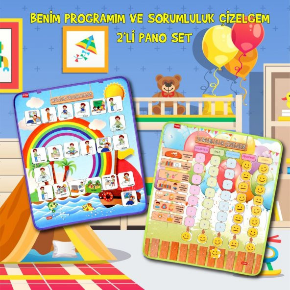 2 Set - 46 Parça Benim Programım ve Sorumluluk Çizelgem Keçe Cırtlı Duvar Panoları , Eğitici Oyuncak - 2