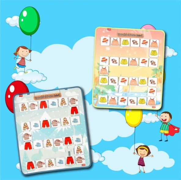 2 Set - 54 Parça Sıradakini Biliyorum Yaz ve Kış Keçe Cırtlı Duvar Panoları , Eğitici Oyuncak - 7