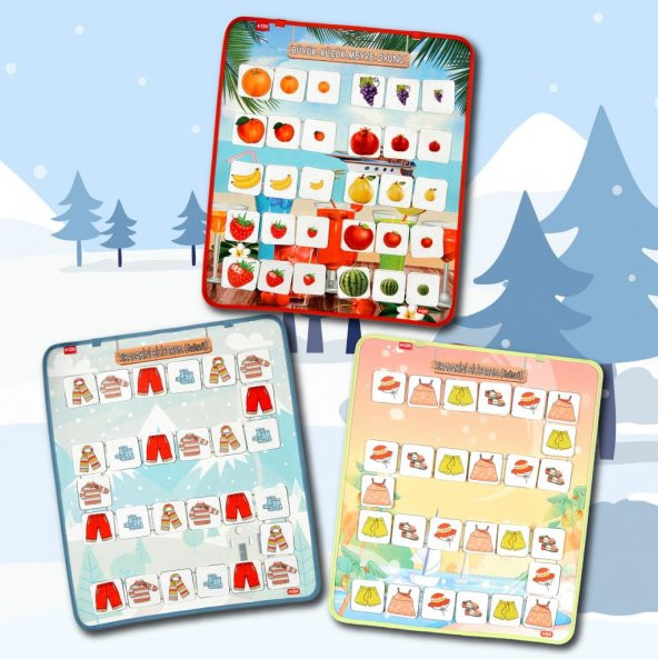 3 Set - 84 Parça Büyük - Küçük Meyve, Sıradakini Biliyorum Yaz ve Kış Oyunu Keçe Cırtlı Duvar Panoları , Eğitici Oyuncak - 7