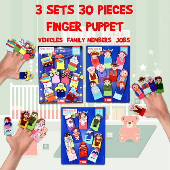 3 Set - 30 Parça Tox Taşıtlar, Aile Bireyleri ve Meslekler Parmak Kukla T181 T752 T762 - 7