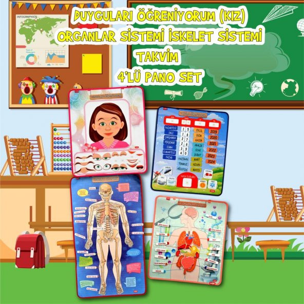 4 Set 127 Parça İskelet , İç Organlar Sistemi , Takvim ve Duyguları Öğreniyorum Keçe Cırtlı Duvar Panoları , Eğitici Oyuncak - 2