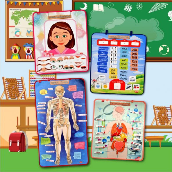 4 Set 127 Parça İskelet , İç Organlar Sistemi , Takvim ve Duyguları Öğreniyorum Keçe Cırtlı Duvar Panoları , Eğitici Oyuncak - 7