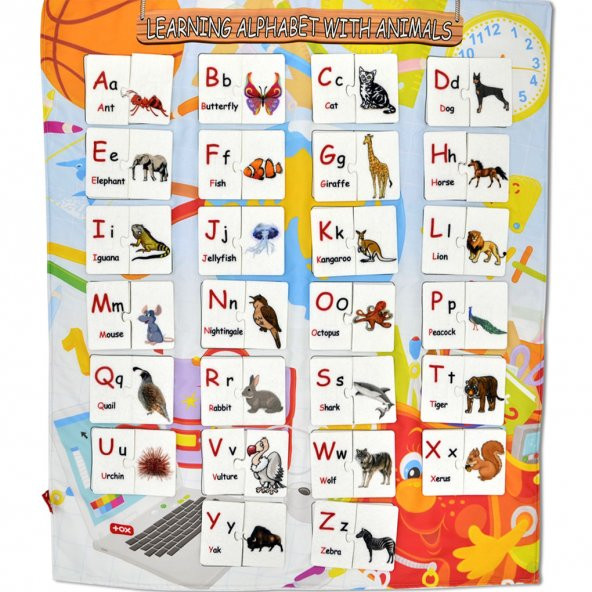 İngilizce Alfabe Parça-Bütün Hayvanlar Eşleştirme Keçe Cırtlı Duvar Panosu , Eğitici Oyuncak