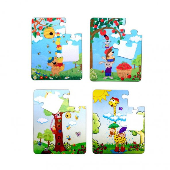 4 Set - 48 Parça Tox Zurafa ve Elmacı Ayı 3+ Keçe Yapboz - 3 Yaş Puzzle T044 T043