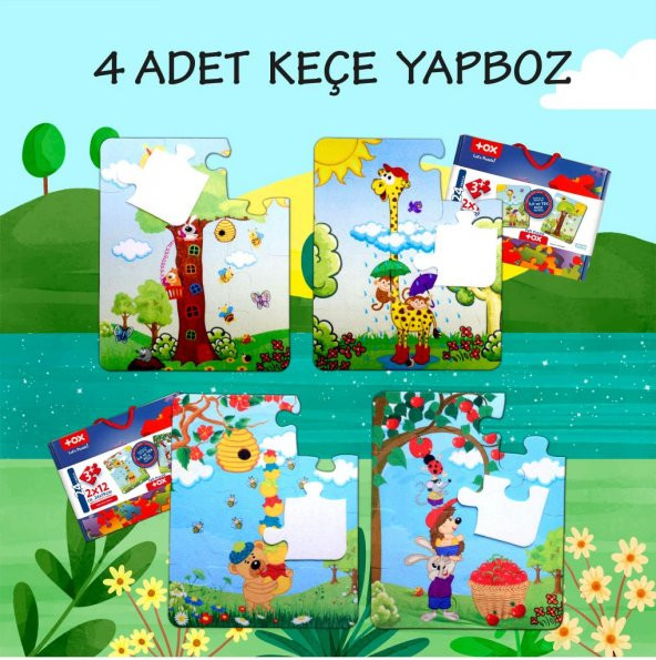 4 Set - 48 Parça Tox Zurafa ve Elmacı Ayı 3+ Keçe Yapboz - 3 Yaş Puzzle T044 T043 - 2