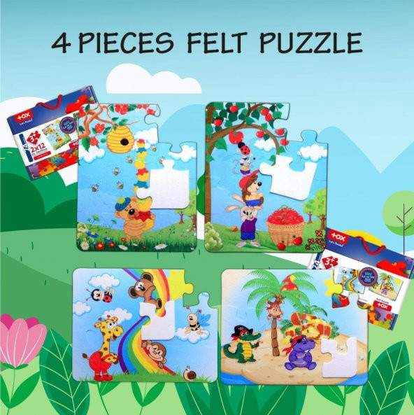 4 Set - 48 Parça Tox Gökkuşağı ve Elmacı Ayı 3+ Keçe Yapboz - 3 Yaş Puzzle T044 T042 - 7