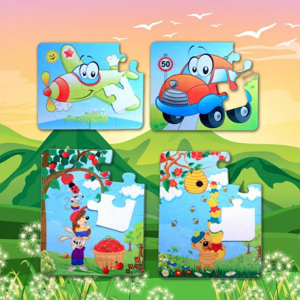 4 Set - 48 Parça Tox Uçak, Araba ve Elmacı Ayı 3+ Keçe Yapboz - 3 Yaş Puzzle T044 T004 - 5