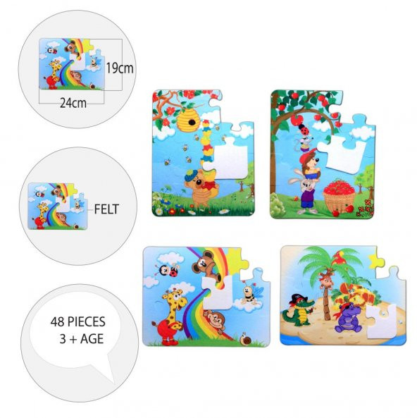 4 Set - 48 Parça Tox Gökkuşağı ve Elmacı Ayı 3+ Keçe Yapboz - 3 Yaş Puzzle T044 T042 - 9