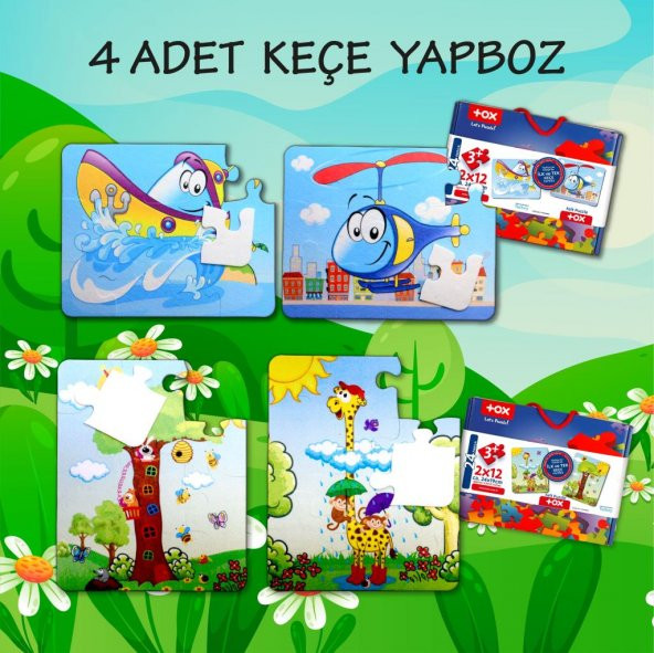 4 Set - 48 Parça Tox Tekne , Helikopter ve Zürafa 3+ Keçe Yapboz - 3 Yaş Puzzle T043 T005